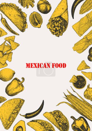 Ilustración de Comida Mexicana. Menú. Ilustración dibujada a mano de platos y productos. Tinta. Vector - Imagen libre de derechos