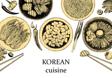 Téléchargez les illustrations : Brochure horizontale avec repas coréens, illustration avec plats asiatiques. couverture de menu - en licence libre de droit