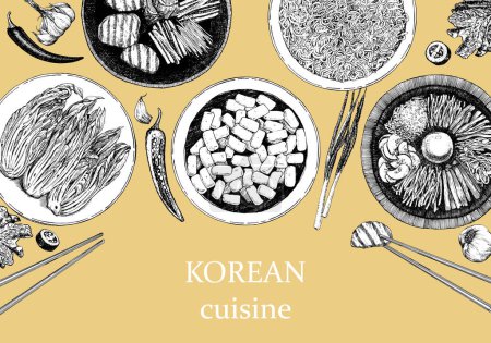 Ilustración de Folleto horizontal con comidas coreanas, ilustración con platos asiáticos. cubierta del menú - Imagen libre de derechos