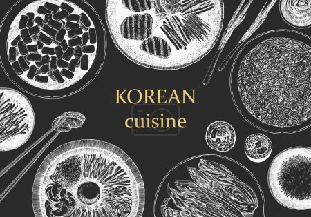Téléchargez les illustrations : Illustration de repas coréens traditionnels. bols avec des plats et baguettes avec des sushis - en licence libre de droit