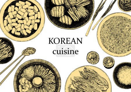 Illustration for Traditional Korean meals illustration. bowls with dishes and chopsticks with sushi - Royalty Free Image