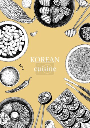 Téléchargez les illustrations : Brochure verticale avec repas coréens, couverture de menu. illustration avec des plats asiatiques - en licence libre de droit