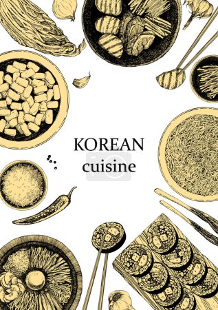Illustration for Vertical brochure with Korean meals, menu cover. illustration with Asian dishes - Royalty Free Image