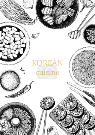 Illustration for Vertical brochure with Korean meals, menu cover. illustration with Asian dishes - Royalty Free Image