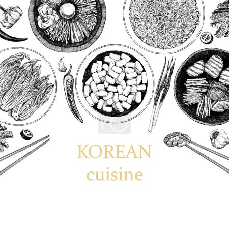 Illustration for Korean food menu cover brochure. illustration with Asian dishes - Royalty Free Image