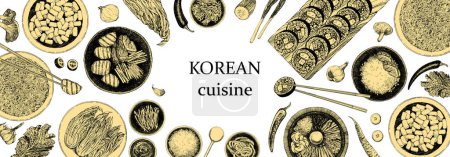Illustration for Hand drawn illustration of traditional korean food dishes, horizontal menu brochure - Royalty Free Image