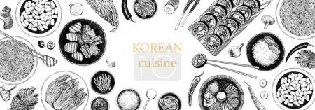 Illustration for Hand drawn illustration of traditional korean food dishes, horizontal menu brochure - Royalty Free Image