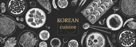 Téléchargez les illustrations : Illustration dessinée à la main des plats traditionnels coréens, brochure de menu horizontal - en licence libre de droit