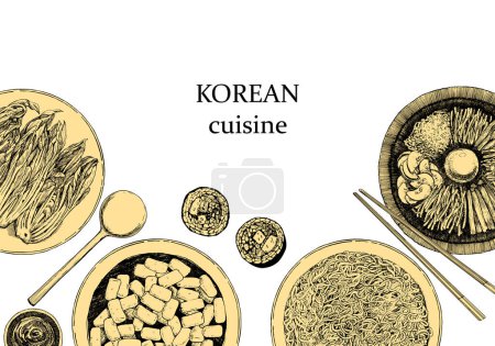 Illustration for Traditional Korean meals, menu cover hand drawn illustration - Royalty Free Image