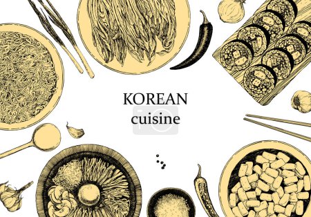 Illustration for Traditional Korean dishes, menu cover illustration. peppers, onion, garlic and noodles - Royalty Free Image