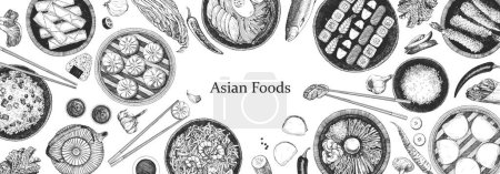 Téléchargez les illustrations : Brochure de menu vectoriel. illustration des aliments asiatiques - en licence libre de droit