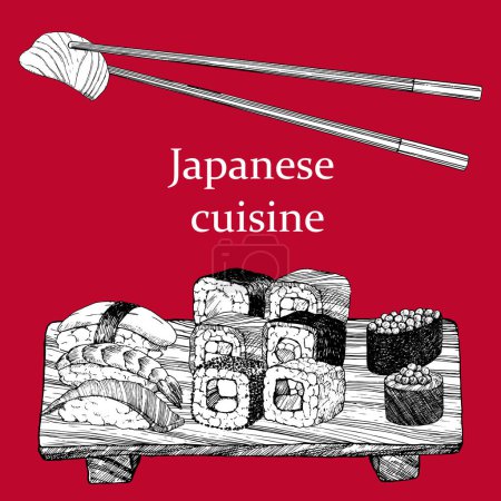 Téléchargez les illustrations : Menu du restaurant japonais. Illustration dessinée à la main de plats et produits. Encre. Vecteur - en licence libre de droit