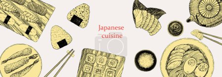 Illustration for Japanese Restaurant Menu. Hand-drawn illustration of dishes and products. Ink. Vector - Royalty Free Image