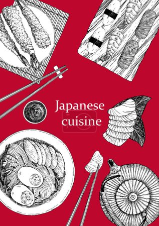 Téléchargez les illustrations : Menu du restaurant japonais. Illustration dessinée à la main de plats et produits. Encre. Vecteur - en licence libre de droit