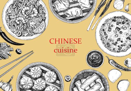 Téléchargez les illustrations : Menu restaurant chinois. Illustration dessinée à la main de plats et produits. Encre. Vecteur - en licence libre de droit