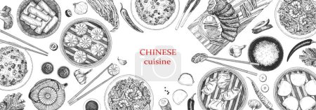 Chinesisches Restaurant-Menü. Handgezeichnete Illustration von Gerichten und Produkten. Tinte. Vektor