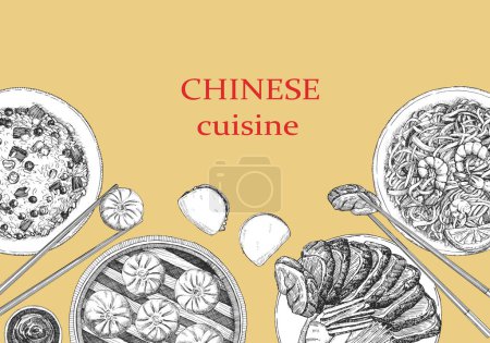 Ilustración de Menú de restaurante chino. Ilustración dibujada a mano de platos y productos. Tinta. Vector - Imagen libre de derechos