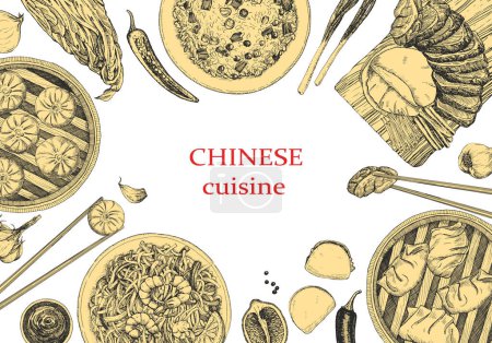 Téléchargez les illustrations : Menu restaurant chinois. Illustration dessinée à la main de plats et produits. Encre. Vecteur - en licence libre de droit