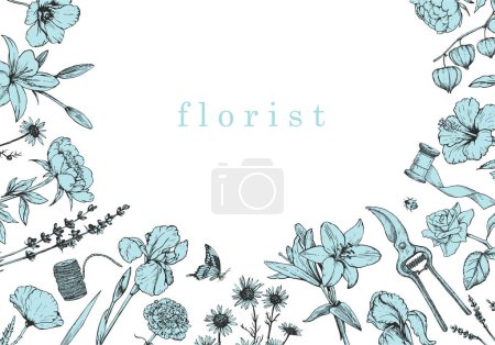 Ilustración de Floristería. Florista. Ilustración dibujada a mano de flores y objetos. Tinta. Vector - Imagen libre de derechos