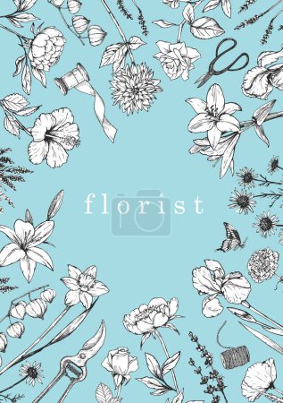 Illustration for Flower Shop. Florist. Hand-drawn illustration of flowers and objects. Ink. Vector - Royalty Free Image