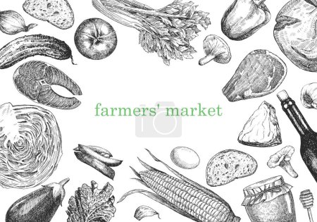 Ilustración de Ilustración vectorial dibujada a mano de los productos agrícolas. Texto del mercado de los agricultores - Imagen libre de derechos
