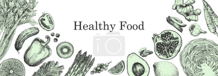 Ilustración de Ilustración vectorial dibujada a mano de los productos agrícolas. Texto de comida saludable - Imagen libre de derechos