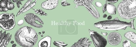 Illustration for Hand drawn vector illustration of the farm products. Healthy food  text - Royalty Free Image