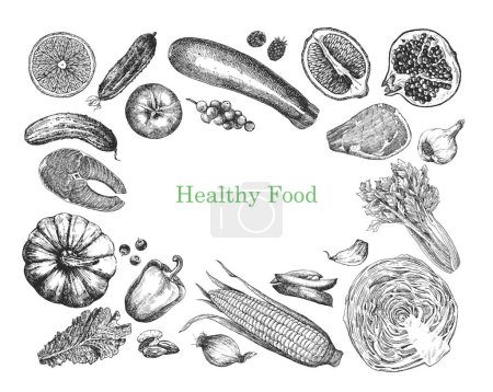 Ilustración de Ilustración vectorial dibujada a mano de los productos agrícolas. Texto de comida saludable - Imagen libre de derechos