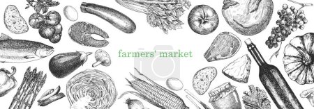 Ilustración de Ilustración vectorial dibujada a mano de los productos agrícolas. Texto del mercado de los agricultores - Imagen libre de derechos