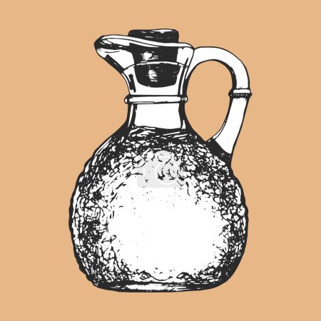 Téléchargez les illustrations : Illustration dessinée à la main de la bouteille d'huile italienne. Outils de cuisine. Vecteur. Dessin d'encre - en licence libre de droit