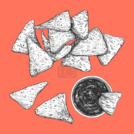 Illustration for Mexican Food. Hand-drawn illustration of Tortilla chips. Ink. Vector - Royalty Free Image