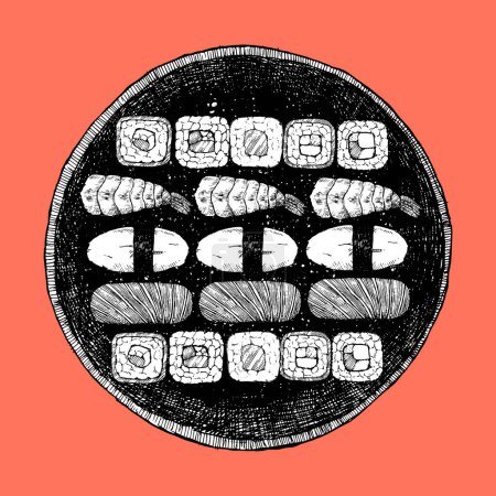 Ilustración de Ilustración dibujada a mano de rollos de sushi japoneses. Tinta. Vector - Imagen libre de derechos