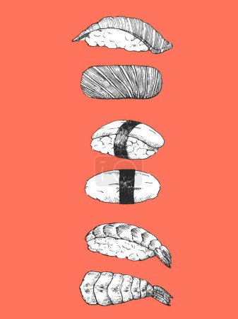 Téléchargez les illustrations : Illustration dessinée à la main de Japanese Sushi Rolls. Encre. Vecteur - en licence libre de droit