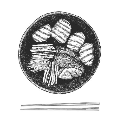 Ilustración de Platos asiáticos. Ilustración dibujada a mano de carne a la parrilla. Barbacoa coreana. Vector. Dibujo de tinta - Imagen libre de derechos