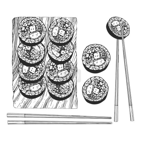 Ilustración de Platos asiáticos. Ilustración dibujada a mano de Kimbap. Sushi Roll coreano. Vector. Dibujo de tinta - Imagen libre de derechos
