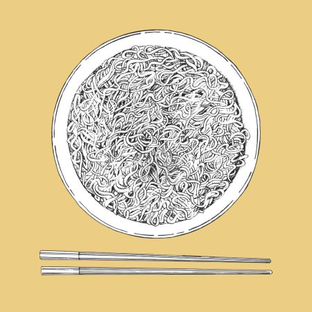 Illustration for Asian dishes. Hand-drawn illustration of Ramen. Vector. Ink drawing - Royalty Free Image