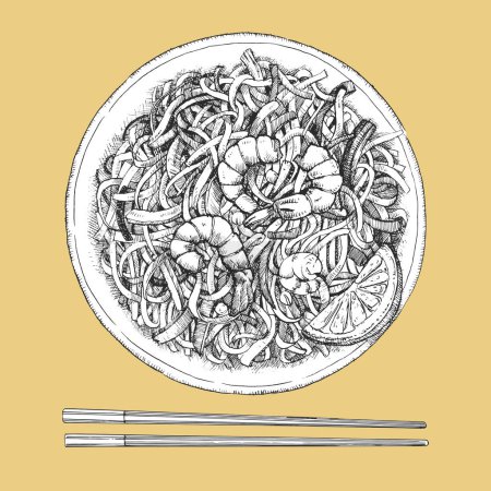 Illustration for Asian dishes. Hand-drawn illustration of Shrimp Stir Fry Noodle. Vector. Ink drawing - Royalty Free Image