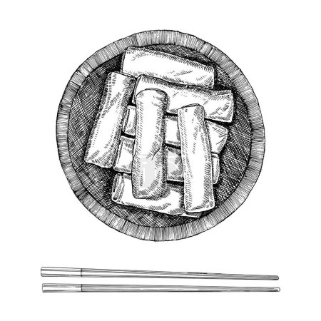 Téléchargez les illustrations : Des plats asiatiques. Illustration dessinée à la main des rouleaux chinois de printemps. Vecteur. Dessin d'encre - en licence libre de droit