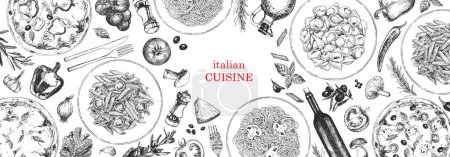 Illustration for Traditional Italian cuisine. Hand-drawn illustration of Italian traditional dishes and products. Ink. Vector - Royalty Free Image