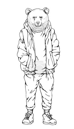 Téléchargez les illustrations : Portrait d'ours vêtu d'une veste et d'un pantalon. Illustration dessinée à la main. Vecteur - en licence libre de droit