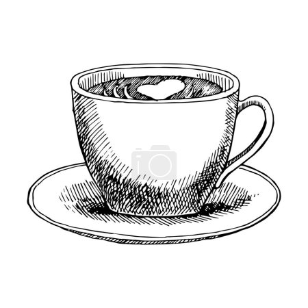 Téléchargez les illustrations : Coupe cappuccino avec plaque, croquis dessiné à la main, illustration vectorielle - en licence libre de droit
