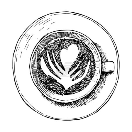 Téléchargez les illustrations : Coupe cappuccino avec peinture et assiette, croquis dessiné à la main, illustration vectorielle - en licence libre de droit