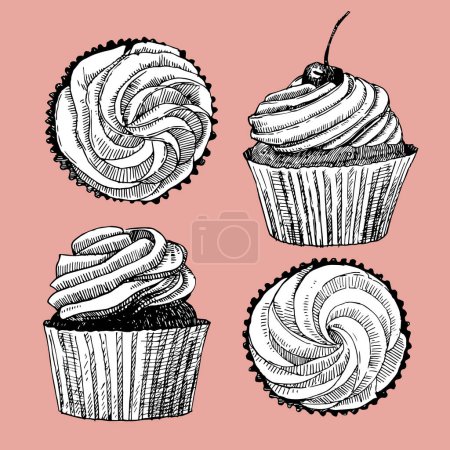 Téléchargez les illustrations : Set de cupcakes, croquis dessiné à la main, illustration vectorielle - en licence libre de droit