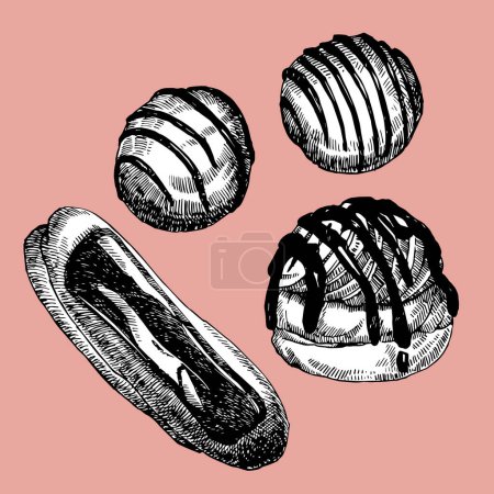 Illustration for Cakes with cream set hand drawn sketch, vector illustration - Royalty Free Image