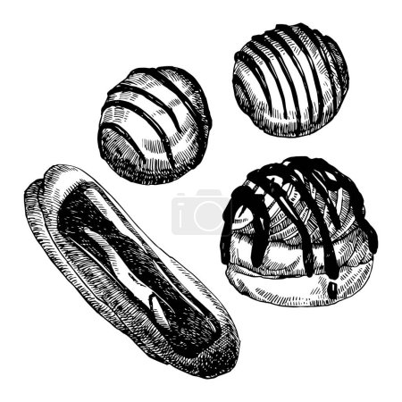 Illustration for Cakes with cream set hand drawn sketch, vector illustration - Royalty Free Image