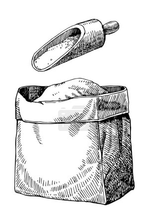 Téléchargez les illustrations : Sac à farine avec cuillère, croquis dessiné à la main, illustration vectorielle - en licence libre de droit