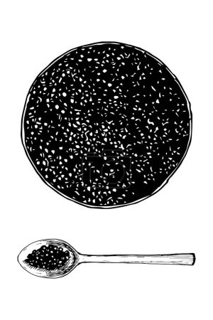 Téléchargez les illustrations : Bol de caviar noir, croquis dessiné à la main, illustration vectorielle - en licence libre de droit