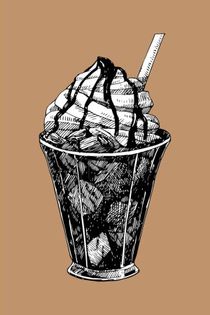Téléchargez les illustrations : Verre de café glacé à la crème, croquis dessiné à la main, illustration vectorielle - en licence libre de droit