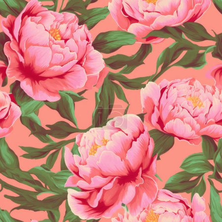 Foto de Patrón floral sin costuras con peonías sobre un fondo rosa. Contenido ai generativo - Imagen libre de derechos