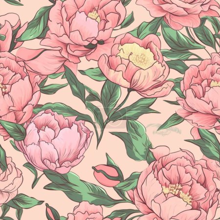 Photo for Seamless pattern with peonies with leaves on a pink background. Generative ai content - Royalty Free Image